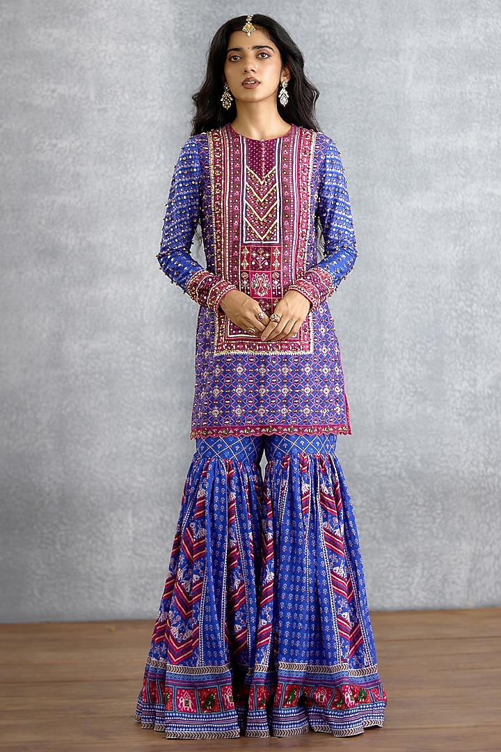 Blue Dola Silk Patola Printed Bridal Sharara Set by TORANI at Pernia's Pop Up Shop
