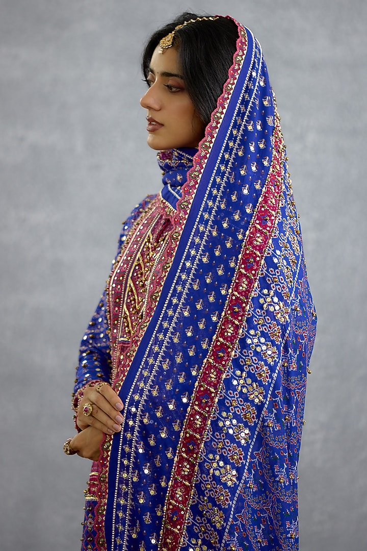 Blue Dola Silk Patola Printed Bridal Sharara Set by TORANI at Pernia's Pop Up Shop