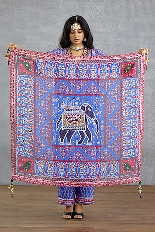 Blue Organza Motif Printed Scarf by TORANI