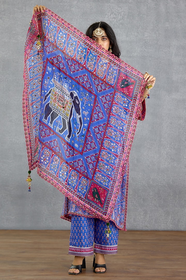 Blue Organza Motif Printed Scarf by TORANI at Pernia's Pop Up Shop