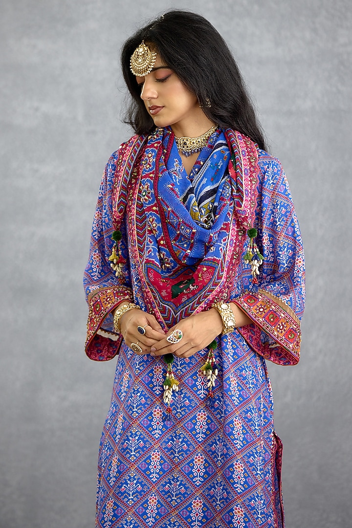 Blue Organza Motif Printed Scarf by TORANI at Pernia's Pop Up Shop