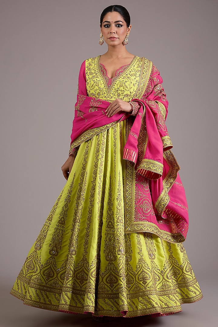Lime Green Chinon Georgette Dori Embellished Bridal Anarkali Set by TORANI at Pernia's Pop Up Shop