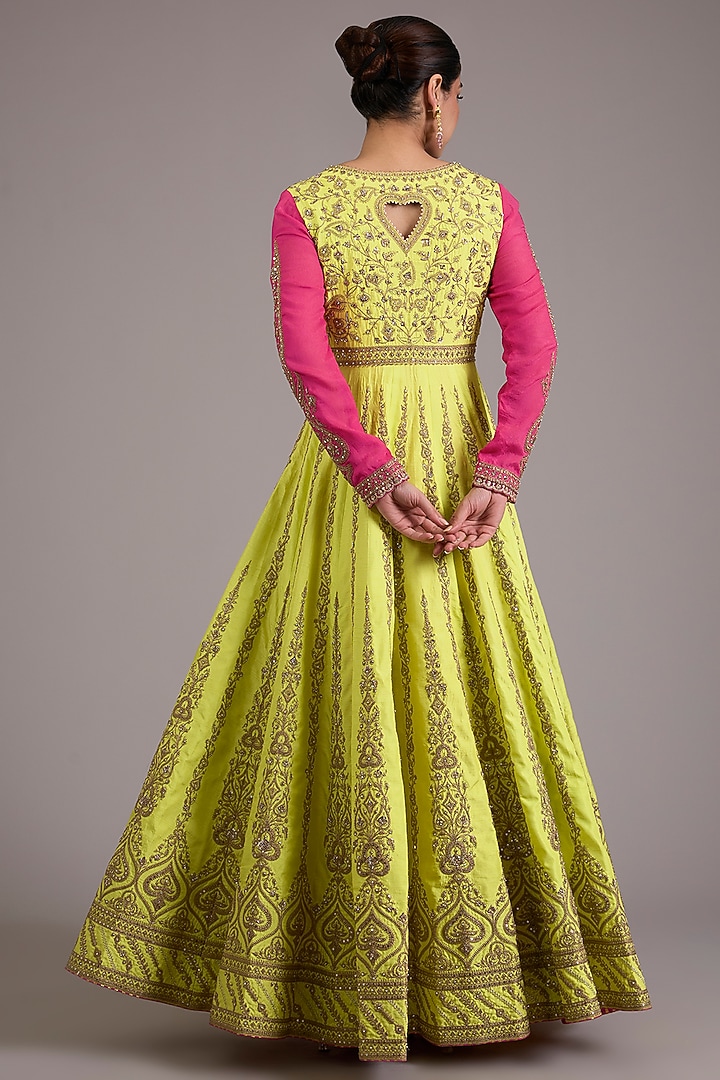 Lime Green Chinon Georgette Dori Embellished Bridal Anarkali Set by TORANI at Pernia's Pop Up Shop