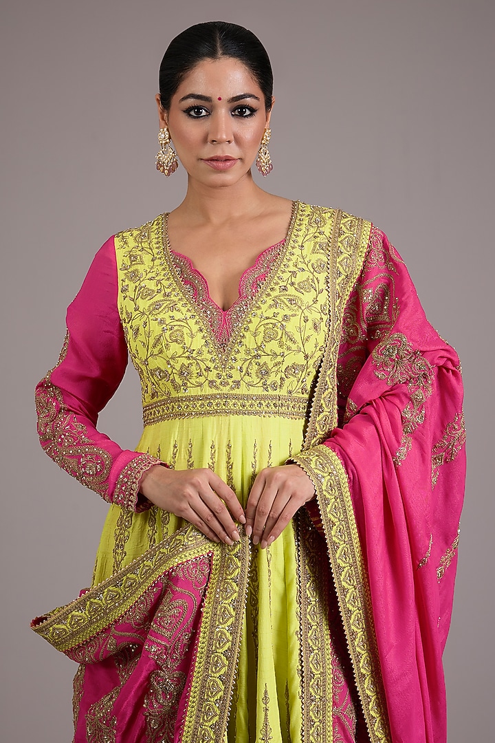 Lime Green Chinon Georgette Dori Embellished Bridal Anarkali Set by TORANI at Pernia's Pop Up Shop