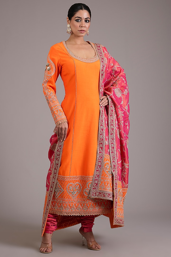 Orange Jeni Silk Zari Embellished Kurta Set by TORANI at Pernia's Pop Up Shop