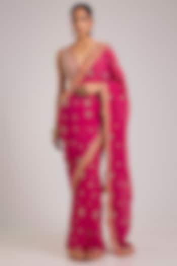 Pink Georgette Cutdana Embroidered Bridal Saree Set by TORANI at Pernia's Pop Up Shop