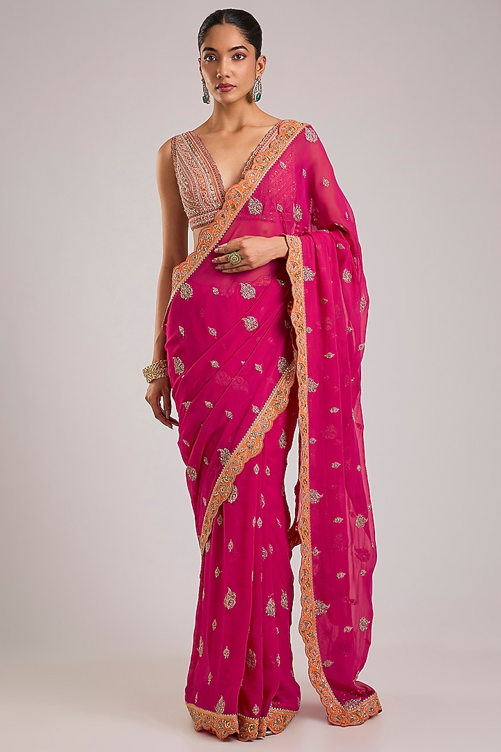 Pink Georgette Cutdana Embroidered Bridal Saree Set by TORANI at Pernia's Pop Up Shop