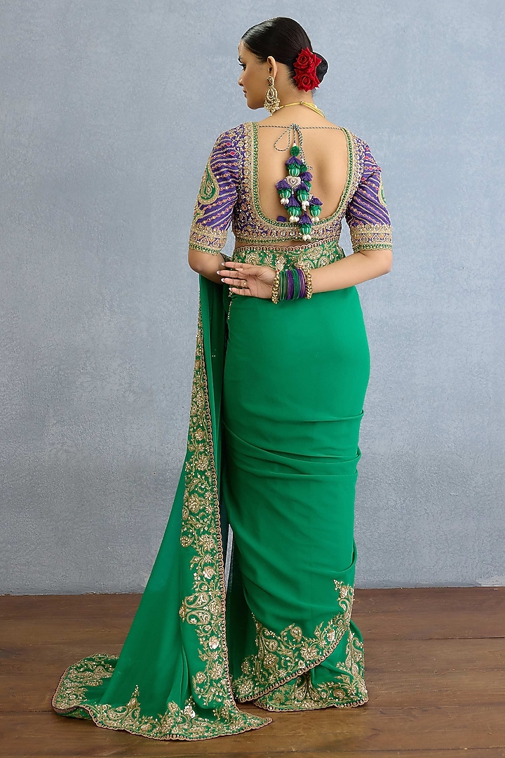 Green Georgette Sequin & Pearl Hand Embellished Bridal Saree Set by Torani at Pernia's Pop Up Shop