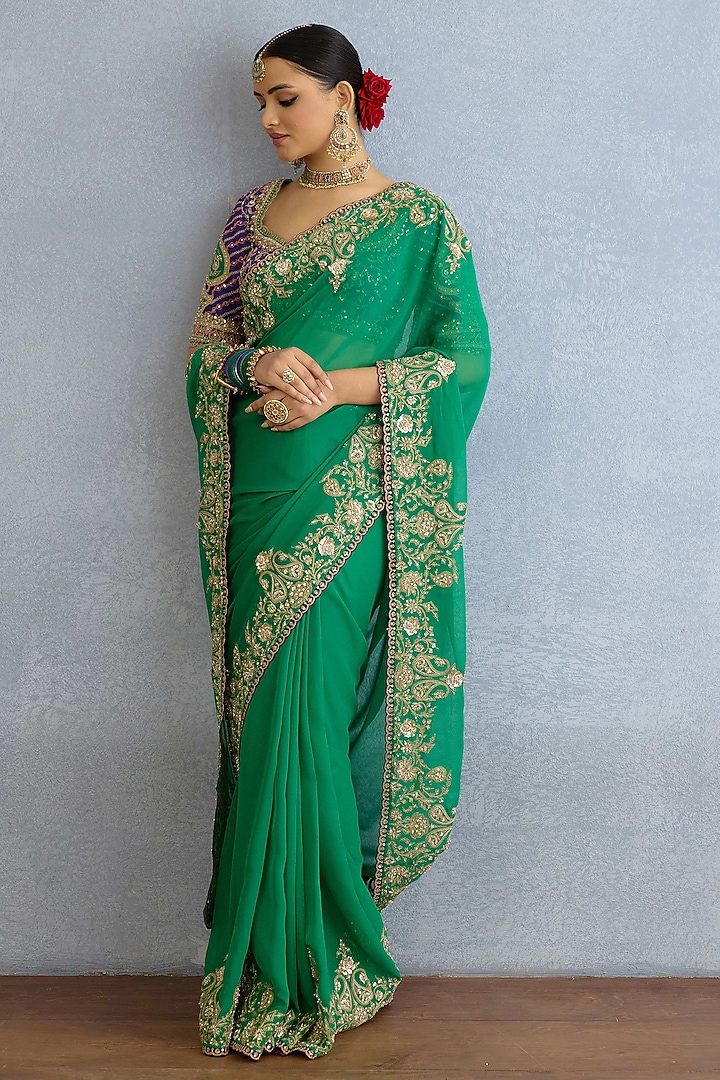 Green Georgette Sequin & Pearl Hand Embellished Bridal Saree Set by Torani at Pernia's Pop Up Shop