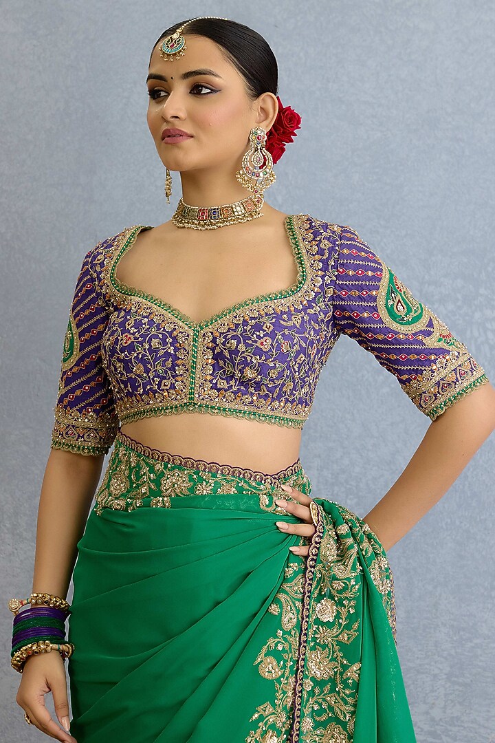 Green Georgette Sequin & Pearl Hand Embellished Bridal Saree Set by Torani at Pernia's Pop Up Shop