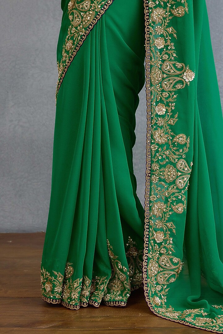 Green Georgette Sequin & Pearl Hand Embellished Bridal Saree Set by Torani at Pernia's Pop Up Shop