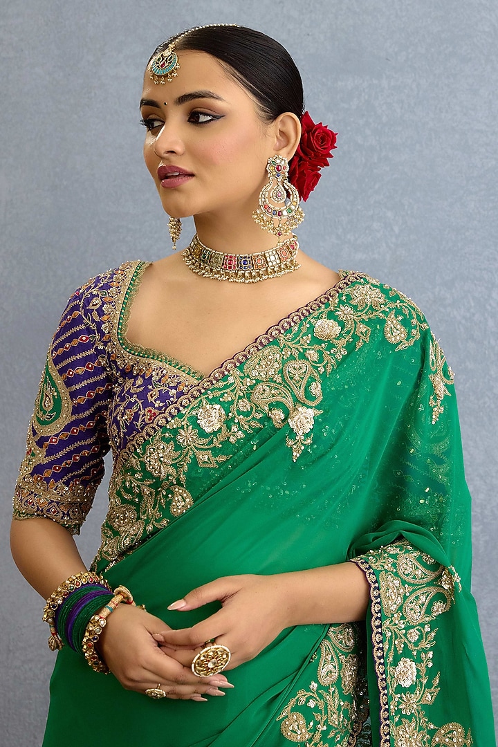 Green Georgette Sequin & Pearl Hand Embellished Bridal Saree Set by Torani at Pernia's Pop Up Shop