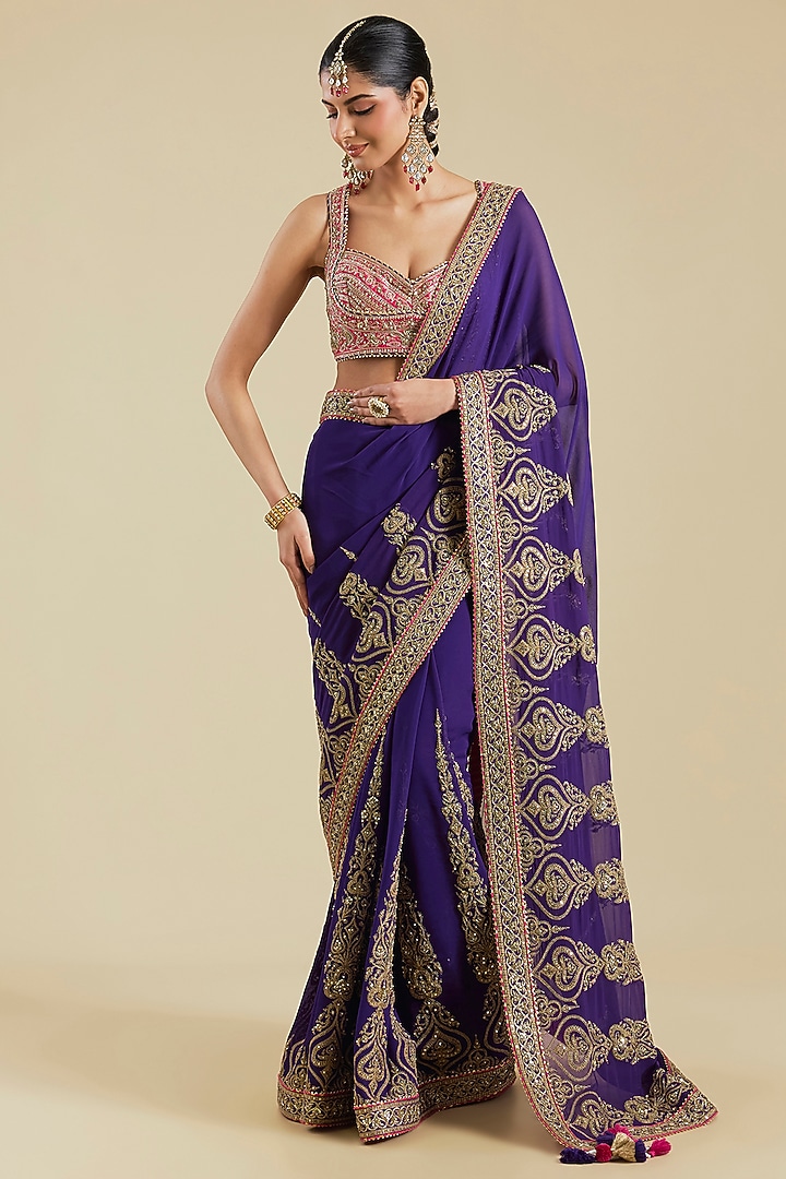 Purple Georgette Embroidered Bridal Saree Set by Torani at Pernia's Pop Up Shop