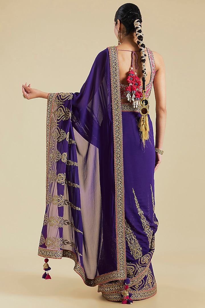 Purple Georgette Embroidered Bridal Saree Set by Torani at Pernia's Pop Up Shop