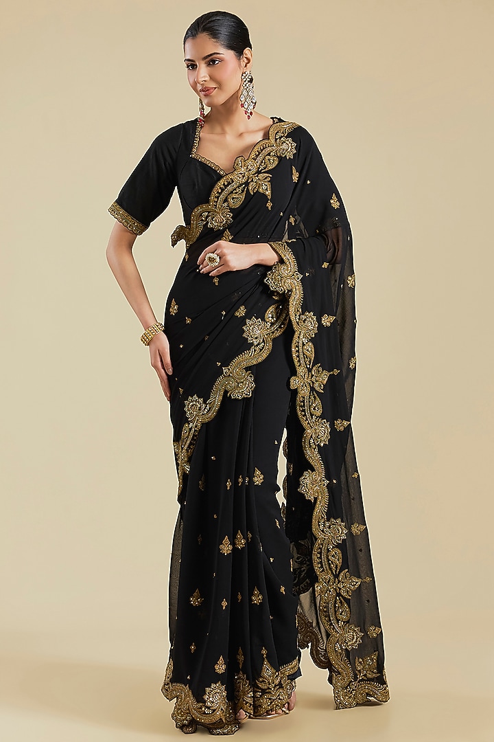 Black Georgette Embroidered Reception Saree Set by Torani at Pernia's Pop Up Shop