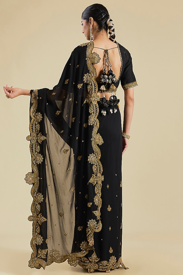Black Georgette Embroidered Reception Saree Set by Torani at Pernia's Pop Up Shop