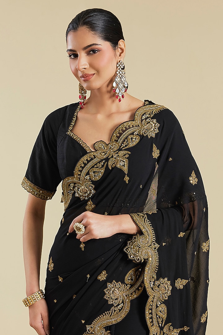 Black Georgette Embroidered Reception Saree Set by Torani at Pernia's Pop Up Shop