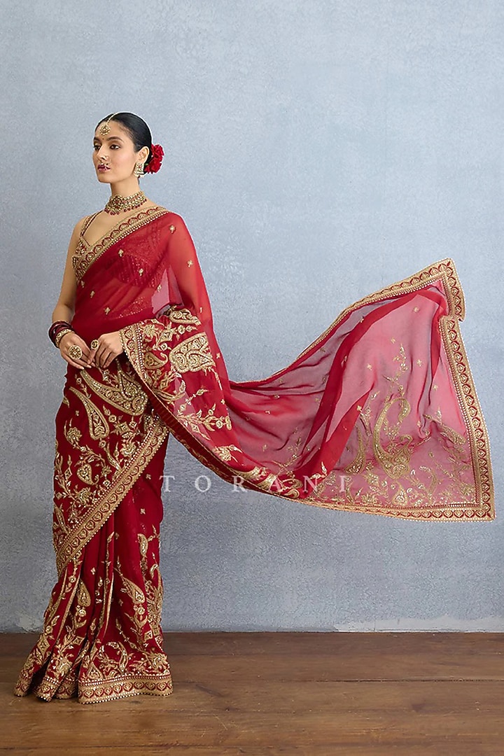 Red Georgette Embroidered Bridal Saree Set by TORANI at Pernia's Pop Up Shop