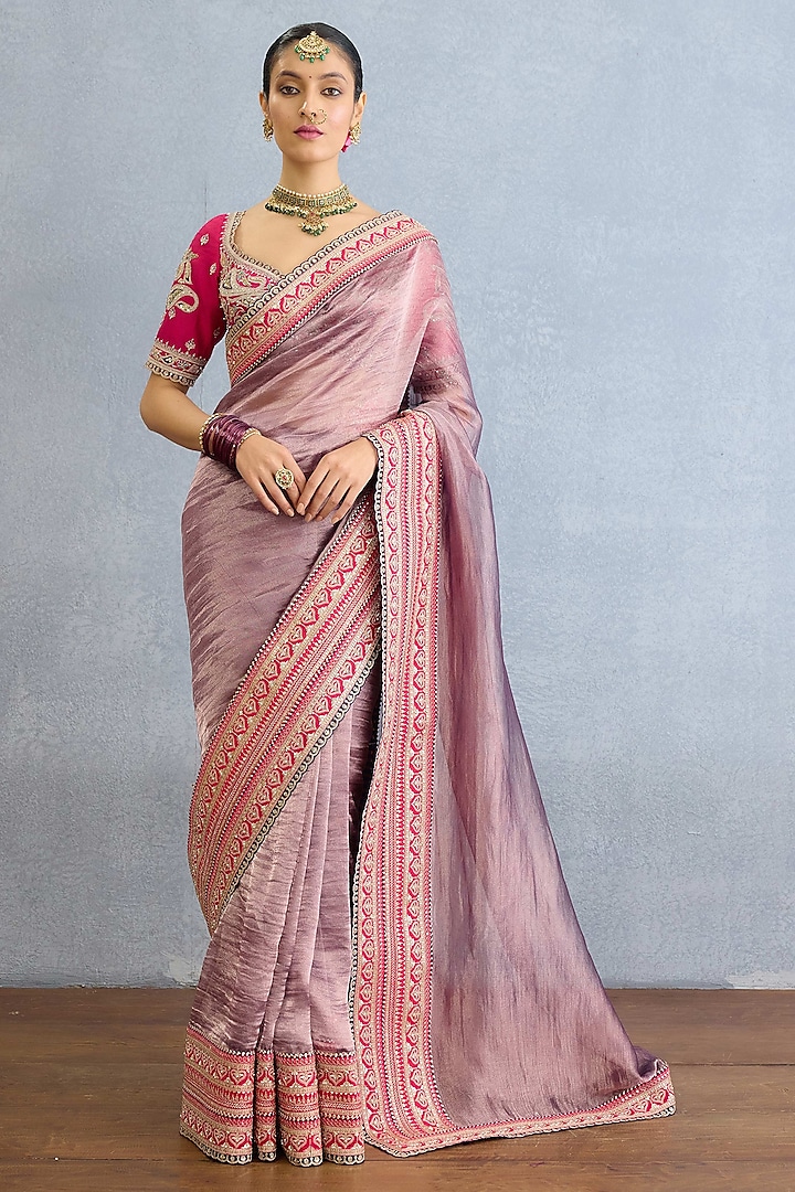 Dusty Mauve Shimmer Organza Tissue Pearl Embroidered Bridal Saree Set by Torani at Pernia's Pop Up Shop
