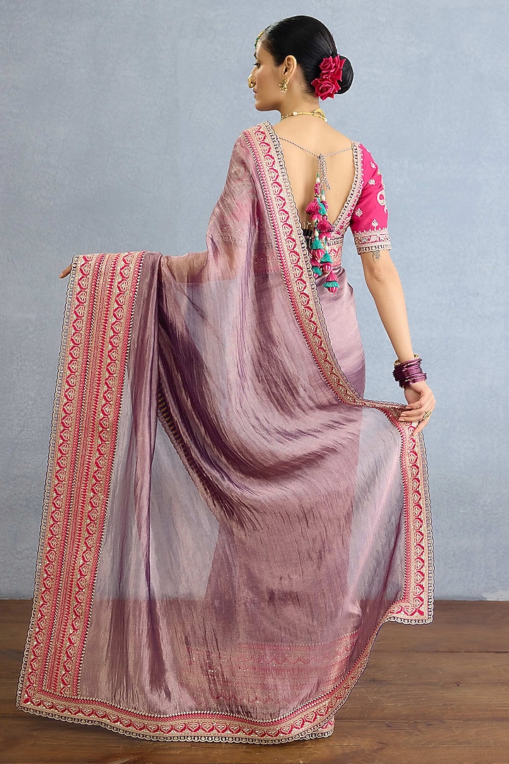 Dusty Mauve Shimmer Organza Tissue Pearl Embroidered Bridal Saree Set by Torani at Pernia's Pop Up Shop