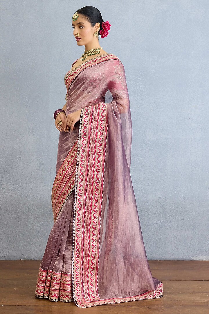 Dusty Mauve Shimmer Organza Tissue Pearl Embroidered Bridal Saree Set by Torani at Pernia's Pop Up Shop