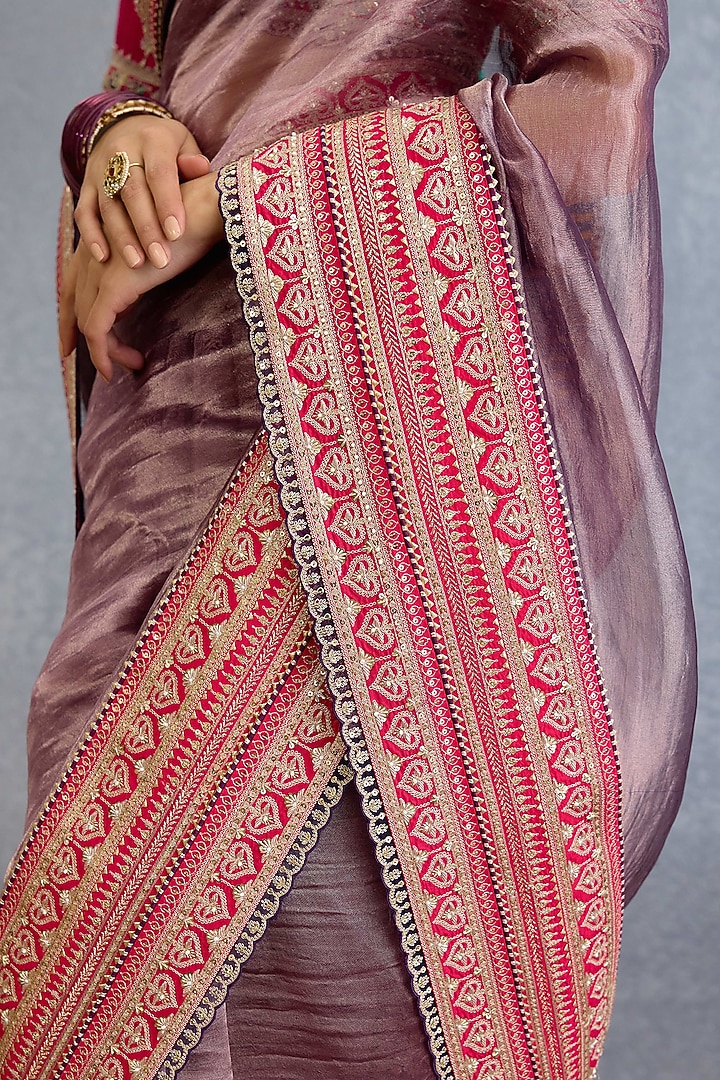 Dusty Mauve Shimmer Organza Tissue Pearl Embroidered Bridal Saree Set by Torani at Pernia's Pop Up Shop