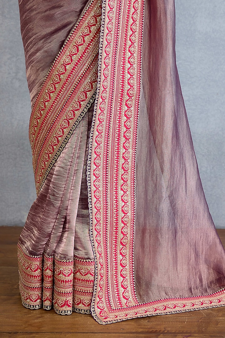 Dusty Mauve Shimmer Organza Tissue Pearl Embroidered Bridal Saree Set by Torani at Pernia's Pop Up Shop