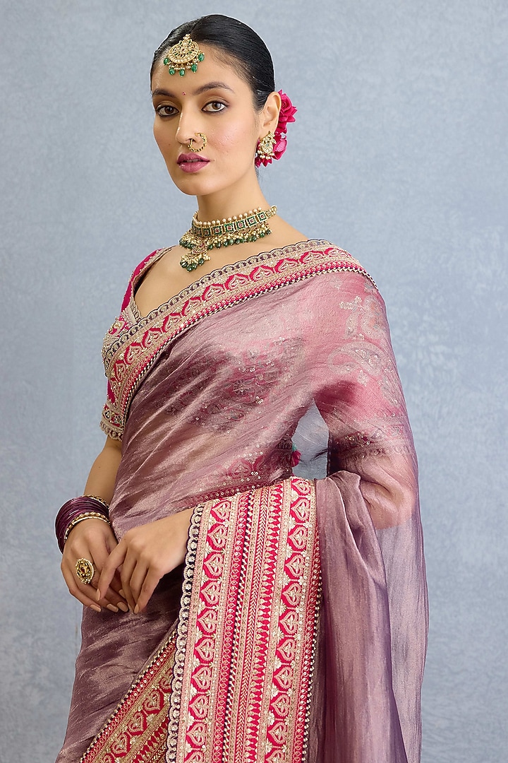 Dusty Mauve Shimmer Organza Tissue Pearl Embroidered Bridal Saree Set by Torani at Pernia's Pop Up Shop