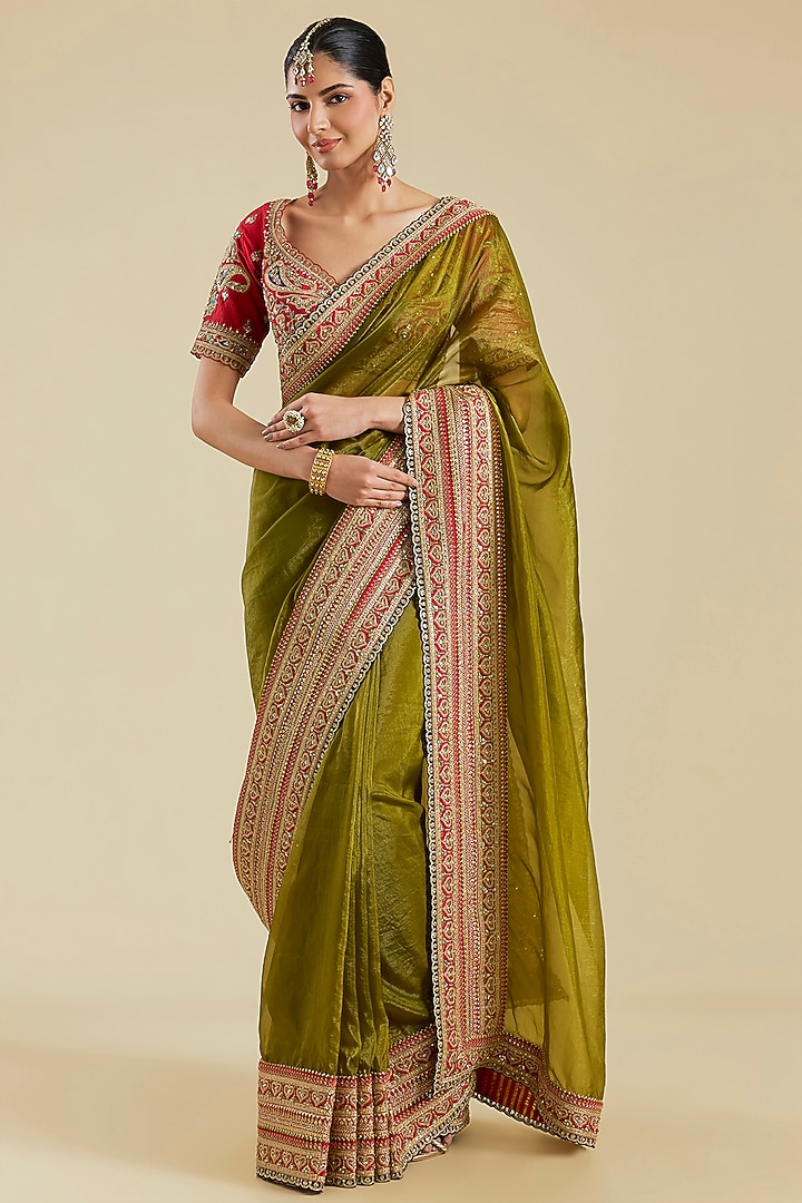 Mehendi Green Shimmer Organza Dori & Sequins Embroidered Bridal Saree Set by Torani at Pernia's Pop Up Shop