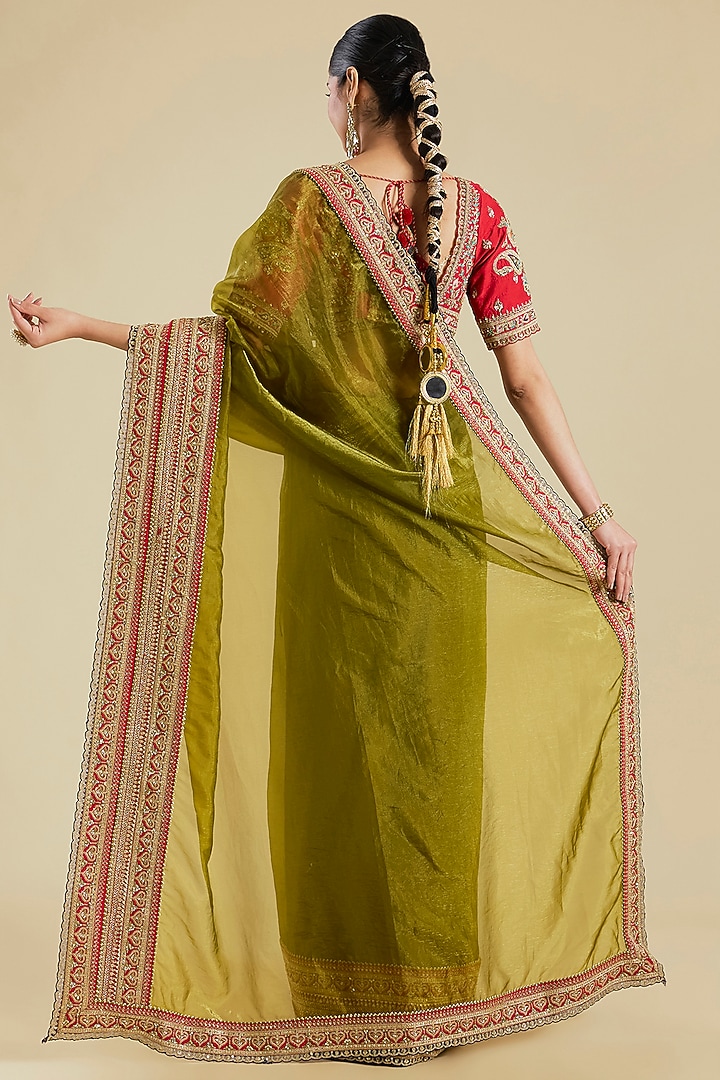 Mehendi Green Shimmer Organza Dori & Sequins Embroidered Bridal Saree Set by Torani at Pernia's Pop Up Shop