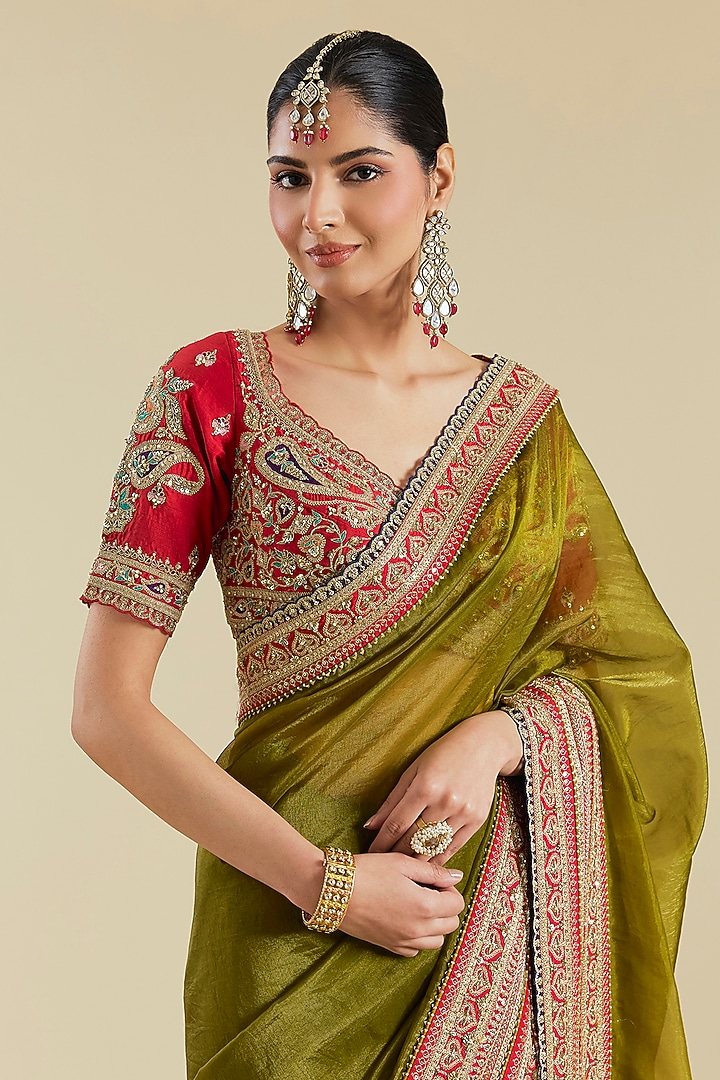 Mehendi Green Shimmer Organza Dori & Sequins Embroidered Bridal Saree Set by Torani at Pernia's Pop Up Shop