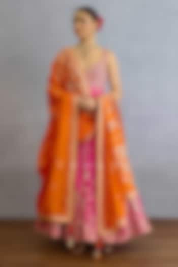 Pink Muslin Silk & Chinon Georgette Hand Embroidered Bridal Anarkali Set by TORANI at Pernia's Pop Up Shop