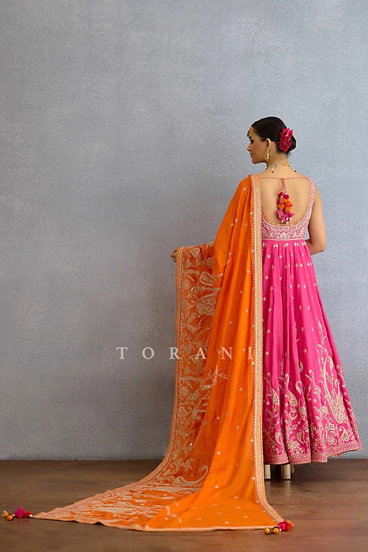 Pink Muslin Silk & Chinon Georgette Hand Embroidered Bridal Anarkali Set by TORANI at Pernia's Pop Up Shop
