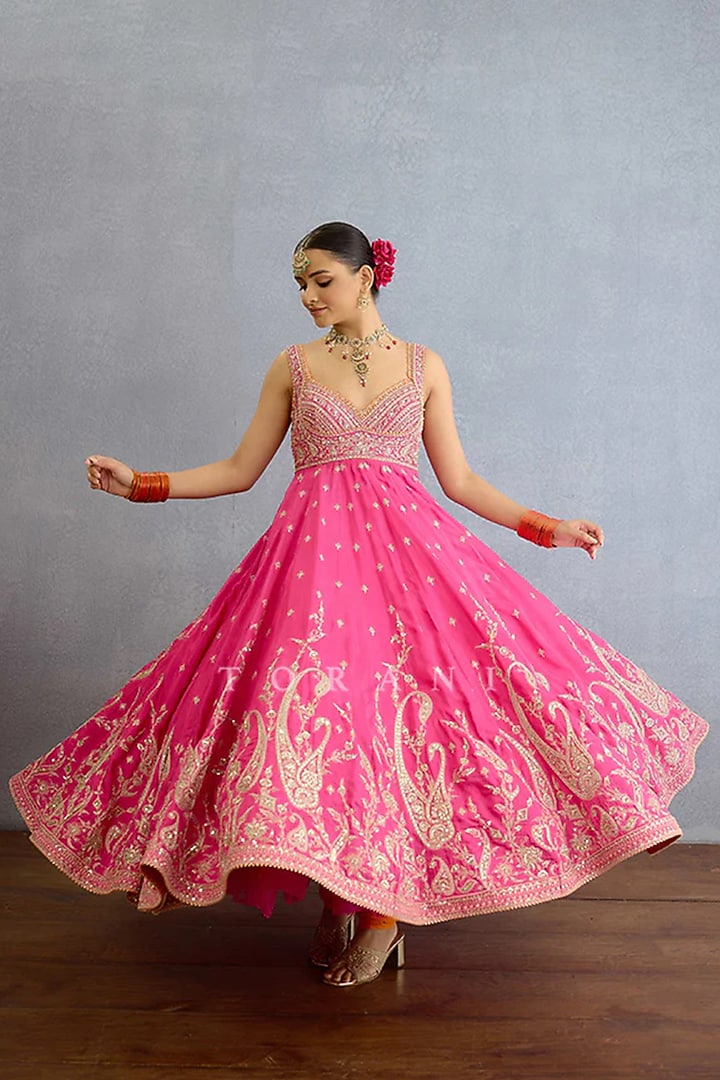 Pink Muslin Silk & Chinon Georgette Hand Embroidered Bridal Anarkali Set by TORANI at Pernia's Pop Up Shop