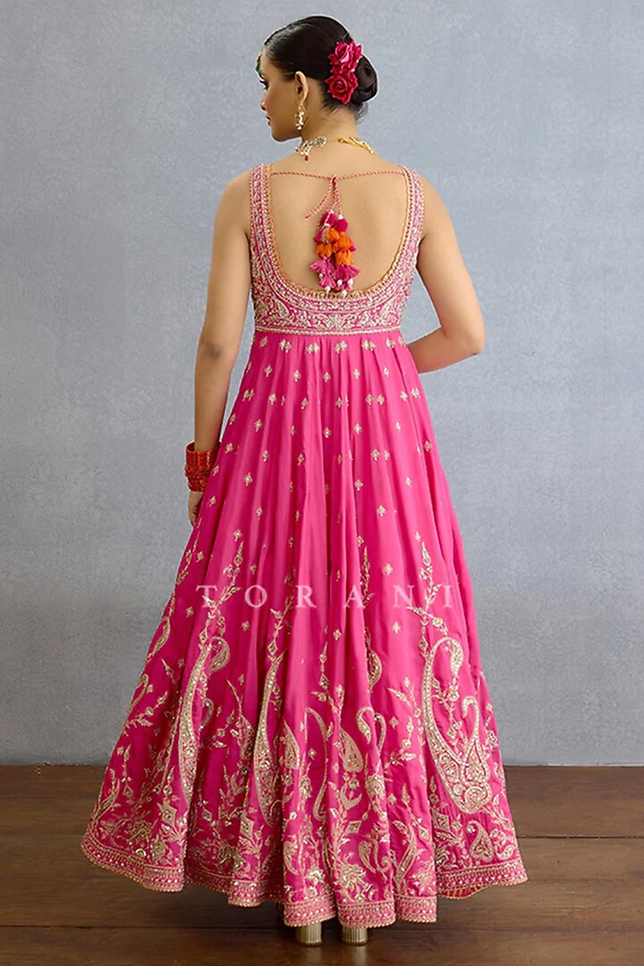 Pink Muslin Silk & Chinon Georgette Hand Embroidered Bridal Anarkali Set by TORANI at Pernia's Pop Up Shop