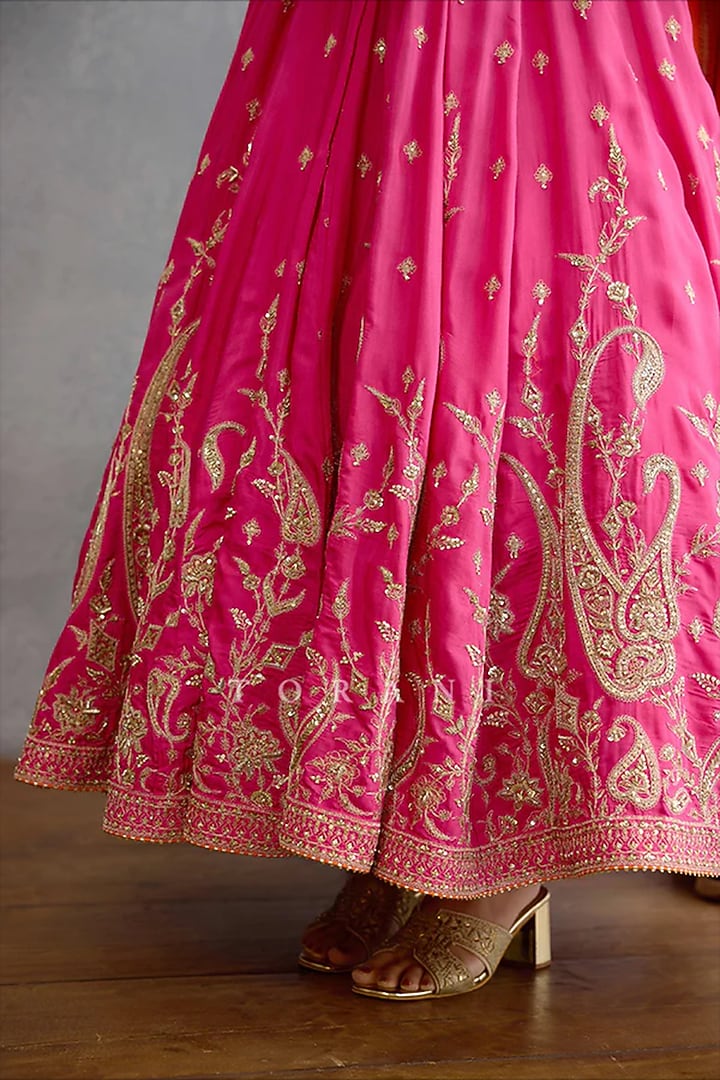 Pink Muslin Silk & Chinon Georgette Hand Embroidered Bridal Anarkali Set by TORANI at Pernia's Pop Up Shop