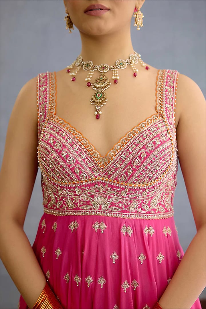 Pink Muslin Silk & Chinon Georgette Hand Embroidered Bridal Anarkali Set by TORANI at Pernia's Pop Up Shop