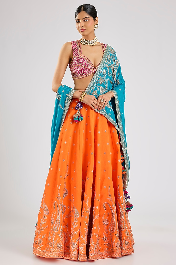 Orange Jeni Silk Zari Embroidered Bridal Lehenga Set by TORANI at Pernia's Pop Up Shop