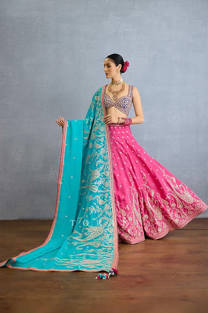 Pink Viscose Organza Embroidered Bridal Lehenga Set by TORANI at Pernia's Pop Up Shop