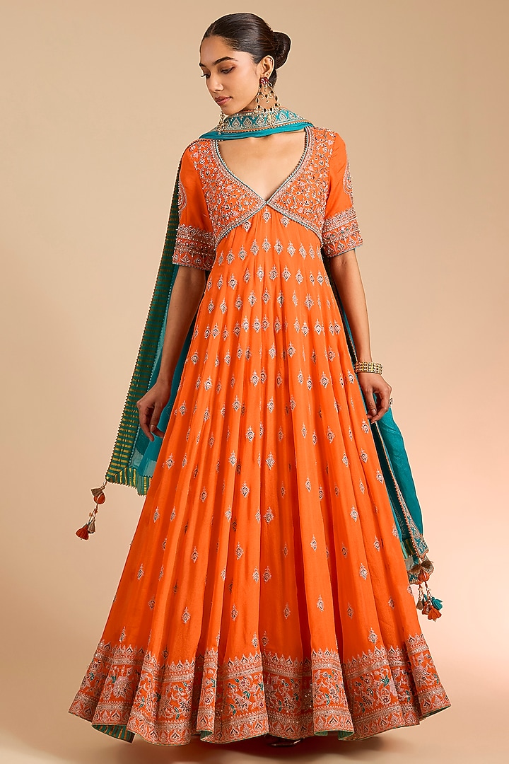 Orange Chinon Georgette Bridal Anarkali Set by Torani at Pernia's Pop Up Shop