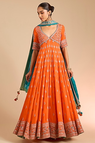 Orange Chinon Georgette Anarkali Set by Torani