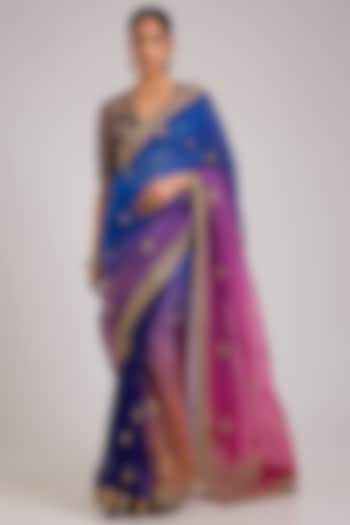 Purple Ombre Chinon Georgette Pearl Embroidered Bridal Saree Set by TORANI at Pernia's Pop Up Shop