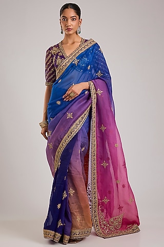 Purple Ombre Chinon Georgette Pearl Embroidered Saree Set by TORANI