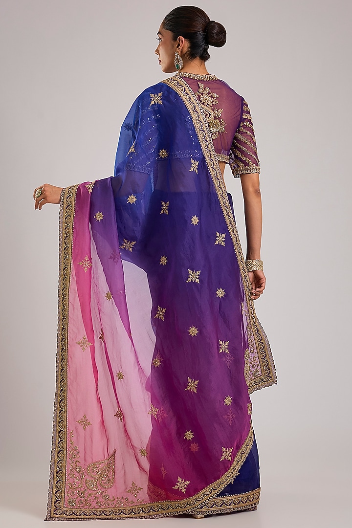 Purple Ombre Chinon Georgette Pearl Embroidered Bridal Saree Set by TORANI at Pernia's Pop Up Shop