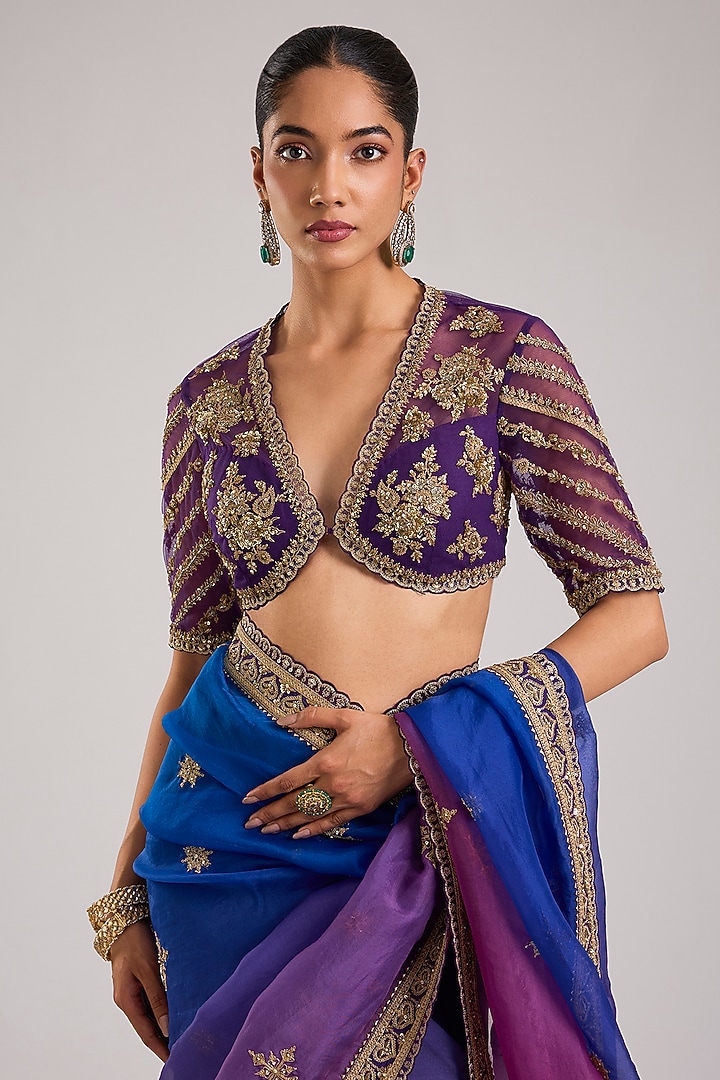 Purple Ombre Chinon Georgette Pearl Embroidered Bridal Saree Set by TORANI at Pernia's Pop Up Shop
