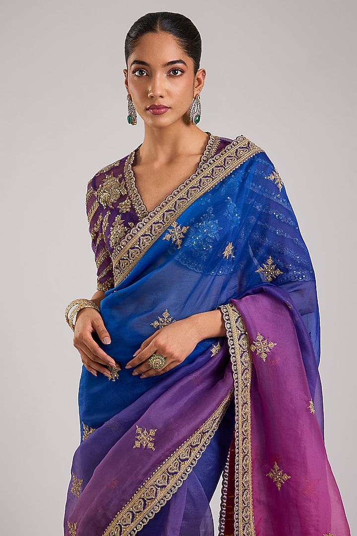 Purple Ombre Chinon Georgette Pearl Embroidered Bridal Saree Set by TORANI at Pernia's Pop Up Shop