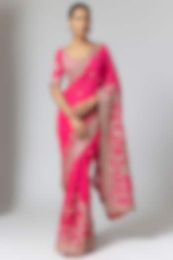 Fuchsia Pink Georgette Embroidered Bridal Saree Set by Torani at Pernia's Pop Up Shop