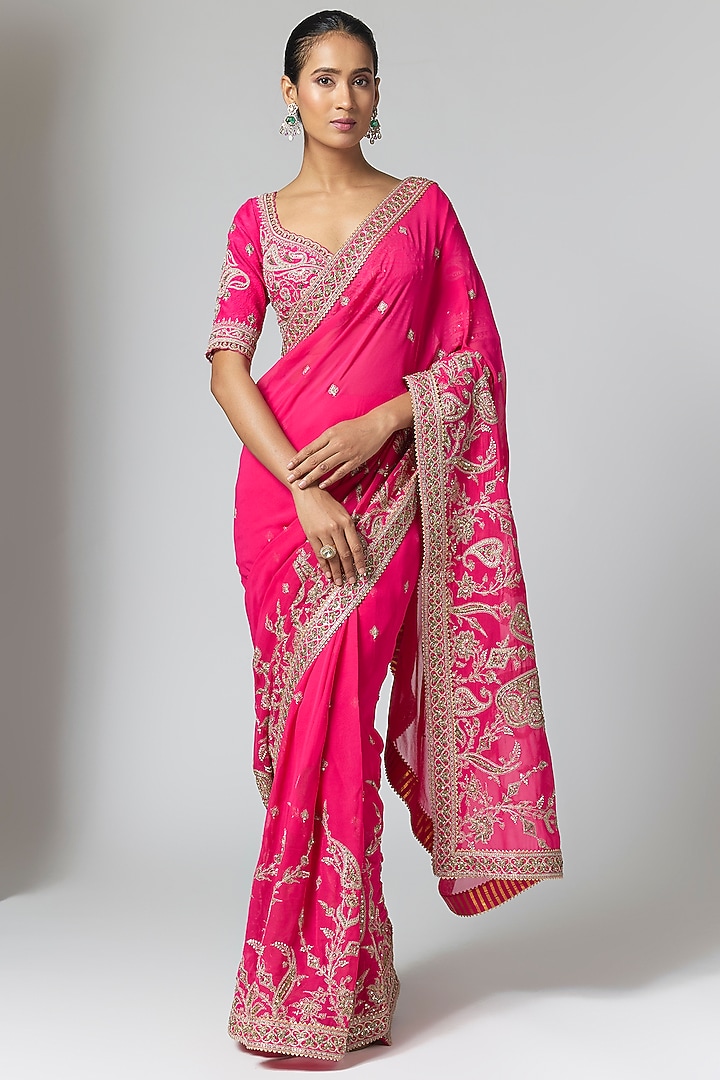 Fuchsia Pink Georgette Embroidered Bridal Saree Set by Torani at Pernia's Pop Up Shop