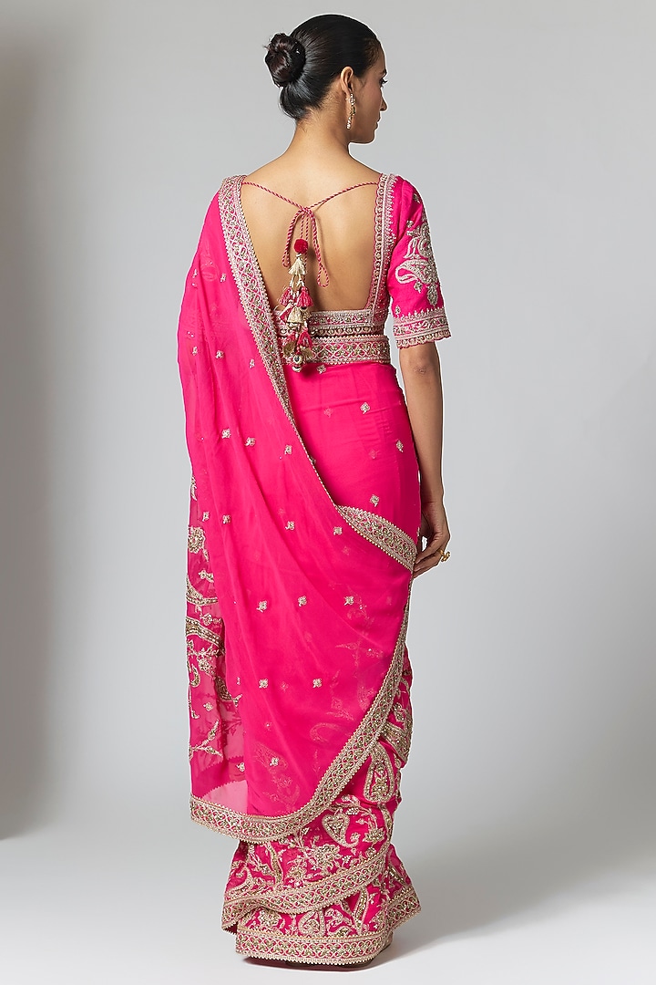 Fuchsia Pink Georgette Embroidered Bridal Saree Set by Torani at Pernia's Pop Up Shop