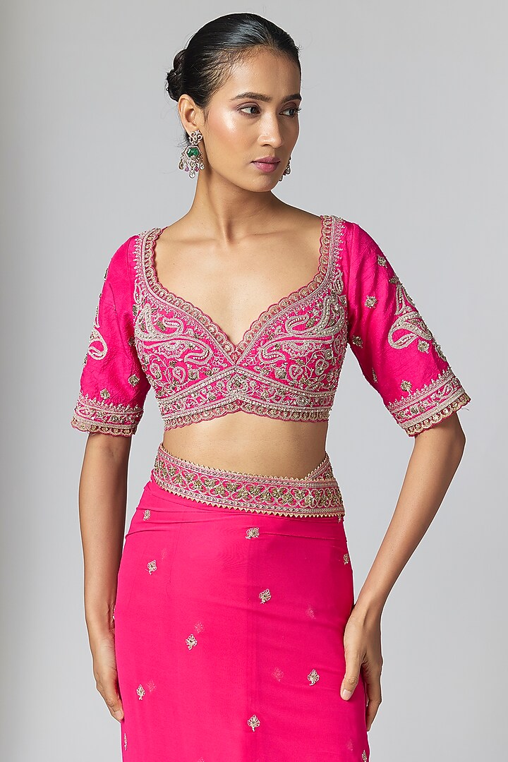 Fuchsia Pink Georgette Embroidered Bridal Saree Set by Torani at Pernia's Pop Up Shop